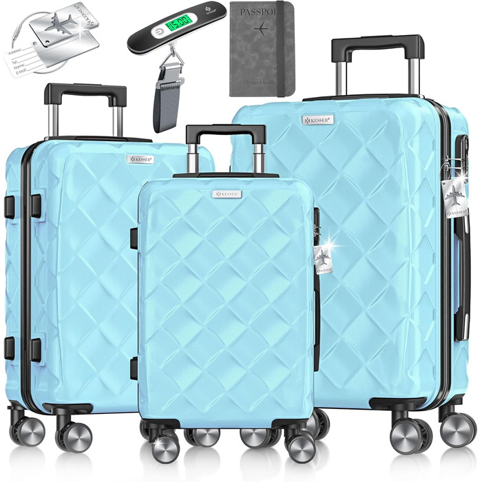Набір валіз KESSER® 3 шт. | Валізи з ABS, кодований замок, ваги, органайзер, 360° колеса | Ручна поклажа та великі валізи для подорожей та бізнесу (Скай Блю)