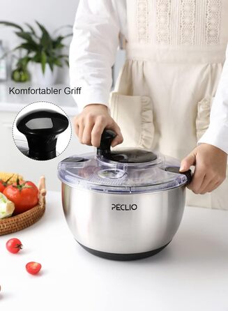 Large 4.5L Salad Spinner Stainless Steel 18/10 High-Quality with Transparent Lid, Non-Slip Bottom - Salad Spinner with Crank Mechanism - BPA-Free & Dishwasher Safe, Black