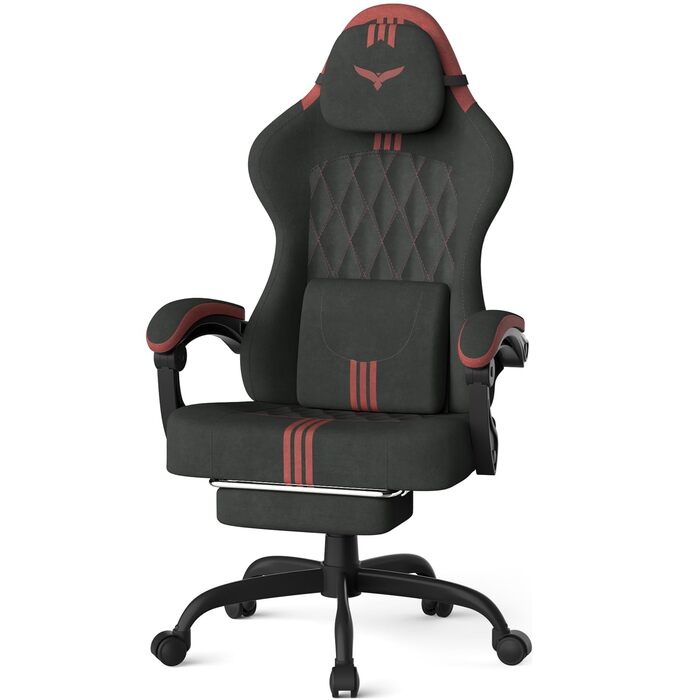 Геймерське крісло Ferghana Ergonomic: з підтримкою попереку, голови та підніжкою, регульоване, обертається, тканина льон (чорно-червоне)