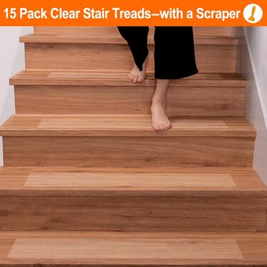 Transparent Anti-Slip Stair Treads - 15 Piece Set - 15 x 81cm - Adhesive Anti-Slip Strips for Wooden Stairs - Interior Floor Protection