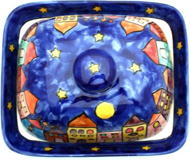 Butter dish with lid, designed by Gall&Zick, handcrafted from ceramic, for a standard 250g block of butter, colorfully hand-painted, dishwasher-safe (New Village)