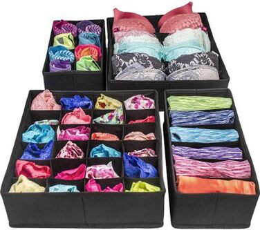 Styleys Set of 4 Foldable Storage Boxes, Drawer Dividers, Odorless Interior Lining, Storage Boxes, Closet Organizer, Under-Bed Organizer for Clothes, Shoes, Underwear, Bras, (Black - S1014)