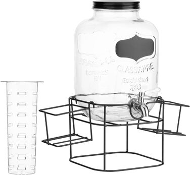 Navaris 5 Liter Glass Drink Dispenser with Drink Holder - Stainless Steel Spigot and Stand - Glass Water Dispenser for Cold Drinks - Black