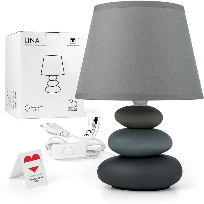 Нічна лампа 'Ліна' - керамічна настільна лампа з тканинним абажуром, сумісна з LED, E14, 230V (Сірий/Матовий)