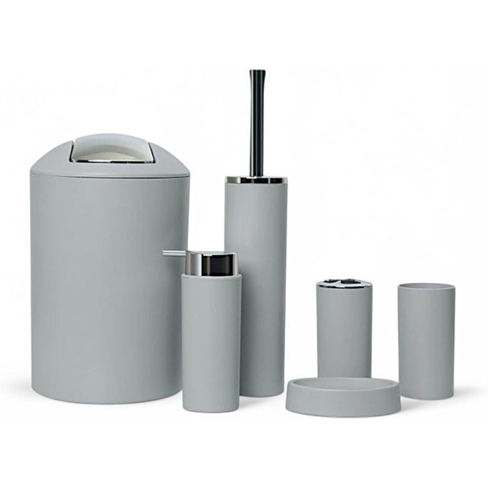 Комплект аксесуарів для ванної кімнати 6tlg Badset: органайзер, мильниця, стакан для зубних щіток, відро для косметики, щітка для унітазу з тримачем, мильниця, сміттєвий бачок, тримач для зубних щіток (Сірий, дизайн 2a)