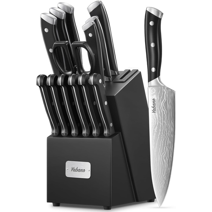 Yabano 14-Piece Professional Knife Set with Sharpening Block - Stainless Steel Chef Knives with Plastic Handles & Wood Block