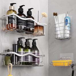 ALOCEO Shower Shelf - No Drilling Required, 4 Pack, Shower Rack with Soap Holder and Toothbrush Holder, Bathroom Shower Organizer, Silver