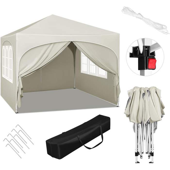 WOLTU Gazebo, Folding Gazebo 3x3 m, with 4 Side Walls, Party Tent Waterproof UV Protection 50+, Adjustable Height Garden Gazebo, with Carry Bag, for Outdoor Garden Camping (Beige)