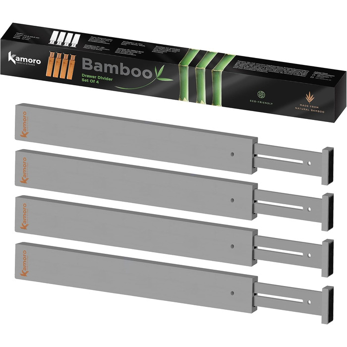 Kamoro Drawer Dividers made of natural bamboo [Set of 4] - With spring for secure hold and furniture-friendly ends - Adjustable drawer organizer between 44 and 56 cm - Grey