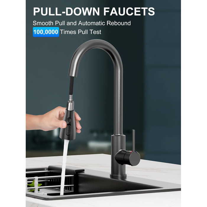 Змішувач кухонний висувний з нержавіючої сталі з 360° обертанням та 4 режимами, для кухонних мийок, з ABS-розпилювачем, підходить лише для ЄС (G3/8)