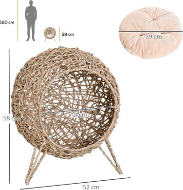PawHut Rattan Cat House with Cushion, Cat Sleeping Place, Cat Cave with Raised Feet, Natural Ø52 x 58 cm