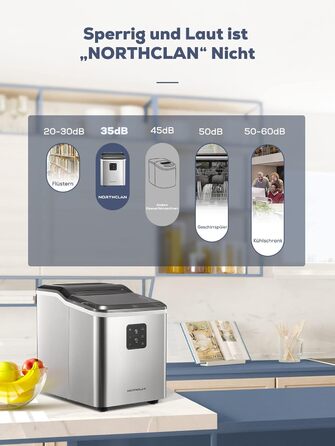 NORTHCLAN Stainless Steel Ice Maker - 14kg Capacity, 2 Sizes, Self-Cleaning, Fast Ice Production, LED Display, 2L Tank, Includes Scoop & Basket