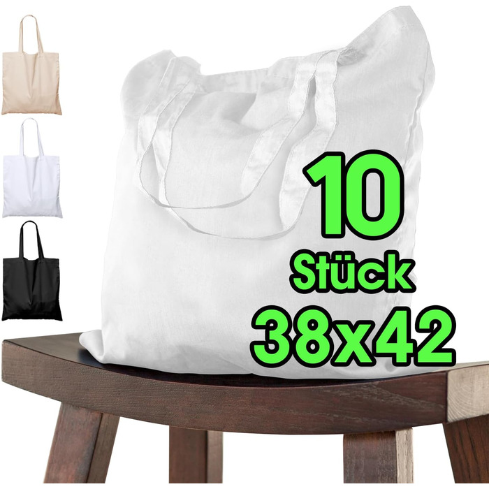 Cotton bag 38x42 cm blank, 25 pieces - Two SHORT handles OEKO-TEX® certified fabric bag, shopping bag, cotton bag, tote bag, jute bag, fabric bag, shopping bag to paint black (White | 10 pieces)