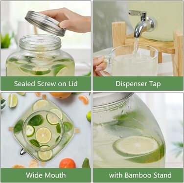 Скляний диспенсер для напоїв на підставці 4л з нержавіючою сталею та бамбуком