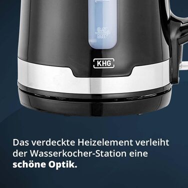 Електричний чайник KHG WK-1708 WE2 з нержавіючої сталі, 1.7 л, фільтр від накипу, індикатор рівня води, захист від сухого кип'яття, автоматичне відключення, прихований нагрівальний елемент, BPA Free, 2200 Вт (Чорний)