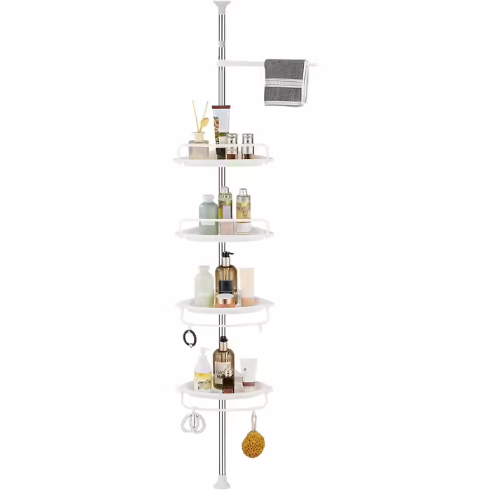 Adjustable Height Shower Shelf without Drilling, Corner Shower Rack Stainless Steel Corner Shelf Bathroom Shelf with 4 Baskets and 1 Towel Holder for Bathtub and Bathroom, Rust-Proof, 95-305CM White