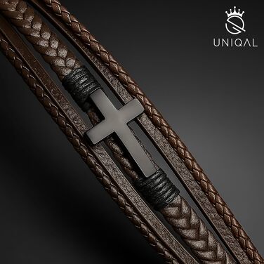 Чоловічий шкіряний браслет UNIQAL 'HEAVEN' з хрестом та магнітним замком, коричневий 19 см + подовжувач, в подарунковій коробці