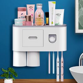 Automatic Toothpaste Dispenser, DENSAIL Toothbrush Holder Wall Mount with Dust-Proof Cover and 2 Toothpaste Squeezers, 2 Electric Toothbrush Holders, and 4 Toothbrush Organizer Slots (1 Squeezer 2 Cups)