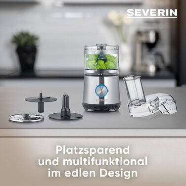 SEVERIN Compact Multi-Chopper, Universal Chopper for Coarse and Fine Chopping, Food Processor with Extensive Accessories, Brushed Stainless Steel / Black, KM 3865