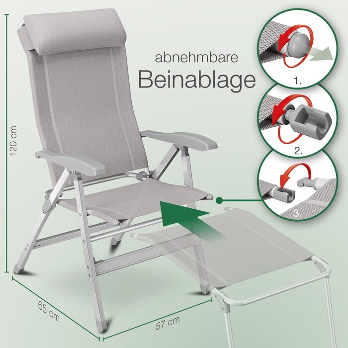 ELONEO Folding Camping Chair with Removable Footrest, Folding Chair Made of Aluminum, Folding Garden Chair, Reclining Chair with Adjustable Backrest, Taupe Camping Chair with Footrest (Basic) Taupe