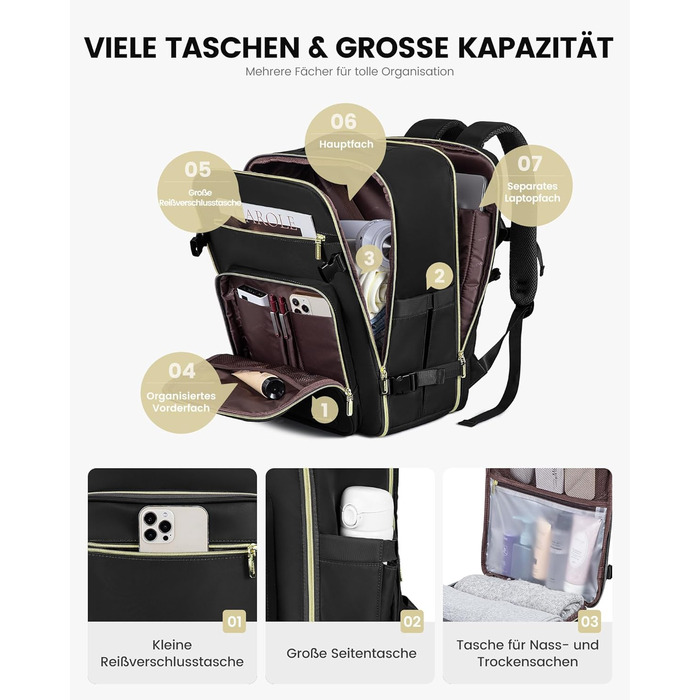 Рюкзак LOVEVOOK для ручної поклажі літака, жіночий, 40L, 45x36x20 см, для ноутбука 17 дюймів, бежевий