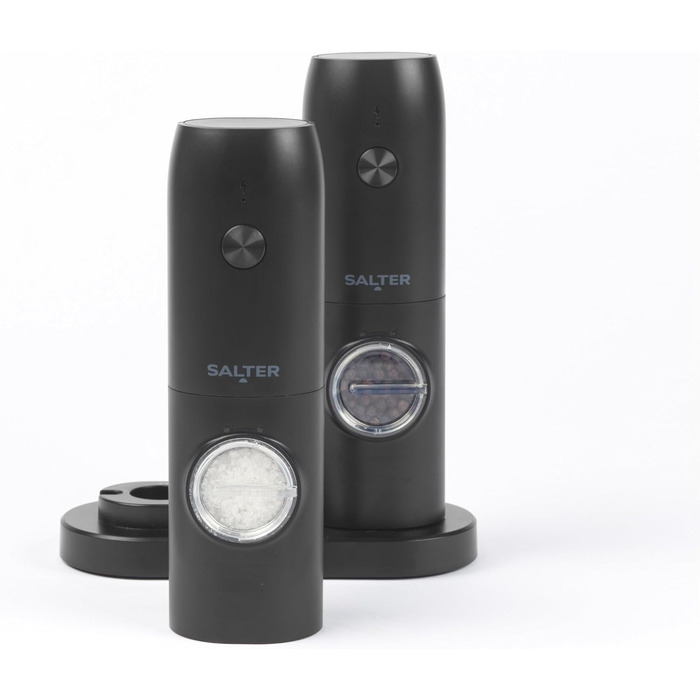 Набір електричних мельниць для солі та перцю Salter - регульований ступінь помолу, прозорі вікна, кнопка, база для зберігання, USB-кабель, керамічний механізм, підсвічувана база