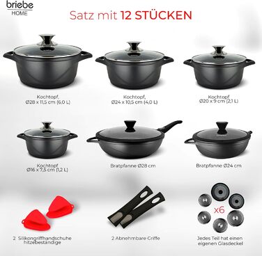 Набір посуду Induktion BRIEBЕ 12-ти частинний: 4 казани з алюмінію, 2 сковорідки з антипригарним покриттям ILAG GRANITEC (без PFOA), кришки зі скла, рукавички з силікону. Підходить для індукційних, газових плит та духовки.