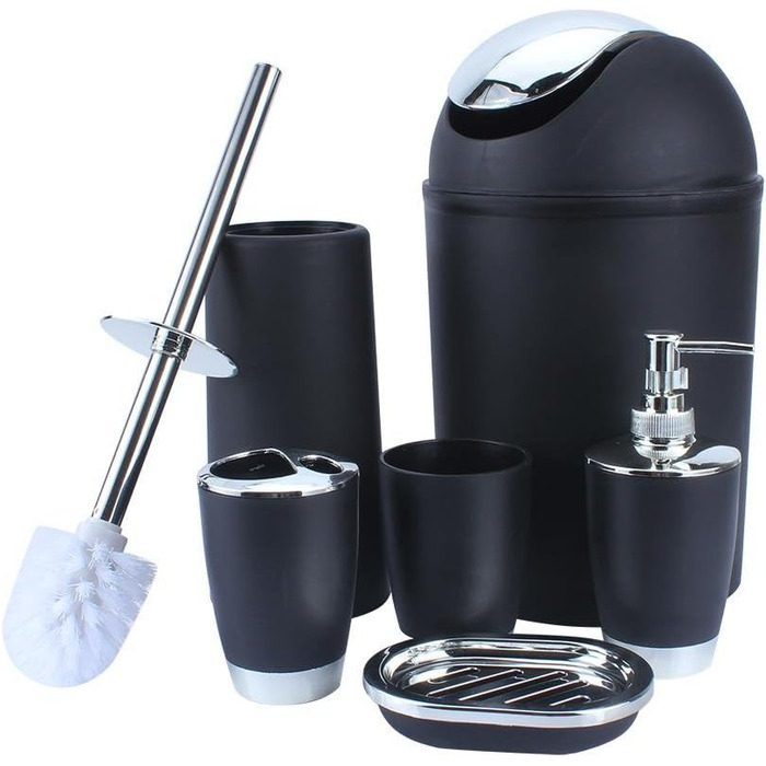 6-Piece Bathroom Set with Bin Soap Dish Dispenser Tumbler Toothbrush Holder, Plastic (black) Bathroom Set Beige