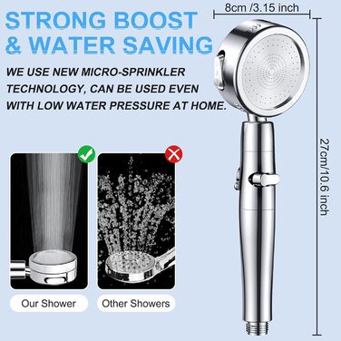 Насадка для душу зі шлангом 2м, фільтрована ручна лійка з високим тиском, економія води з мінеральними кульками, 5 режимів, стоп-функція для жорсткої води, видалення залишків хлору, бактерій та важких металів (срібляста з шлангом)