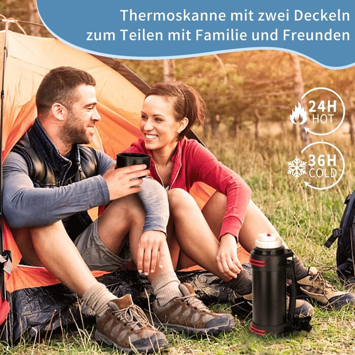 Термос-пляшка з чашкою 1L, 1.5L або 2L: термокана, пляшка з нержавіючої сталі, не протікає, ізотермічна пляшка для кемпінгу та піших прогулянок з ручкою та ремінцем, 24 години гаряча та холодна (1.5L) 1500 мл