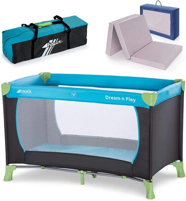hauck Baby Travel Cot Set Dream n Play with Mattress - foldable baby travel cot with bag - Blue Waterblue