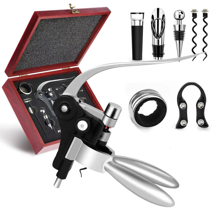 Waiter's knife, wine opener, professional corkscrew made of stainless steel, bottle opener with foil cutter, wine aerator pourer and vacuum stopper, wine accessories. (9-piece stainless steel)