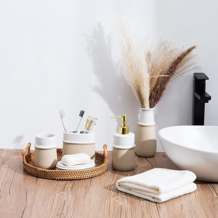 Набір аксесуарів для ванної кімнати в стилі фермерського дому, 4 шт., кераміка, подарунковий комплект, включає: стакан для зубної щітки, дозатор мила, мильниця, стакан, бежевий