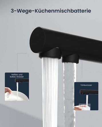 Кран кухонний APPASO 3-в-1 чорного кольору, з трьома виходами, для фільтрації води, поворотний на 360°, з двома важелями, з нержавіючої сталі