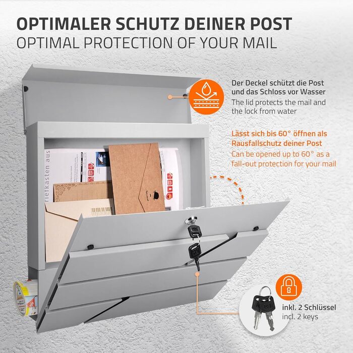 Поштовий ящик ECD Germany з газетницею, нержавіюча сталь, світло-сірий, 37x11x37 см, з 2 ключами, монтажний комплект, сучасний дизайн