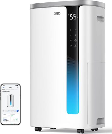 Розумний осушувач повітря DREO з керуванням через App та Wi-Fi, 30л/добу, резервуар 6.5л, для кімнат до 55м², низький рівень шуму 41дБ, функція сушіння білизни, сріблястий