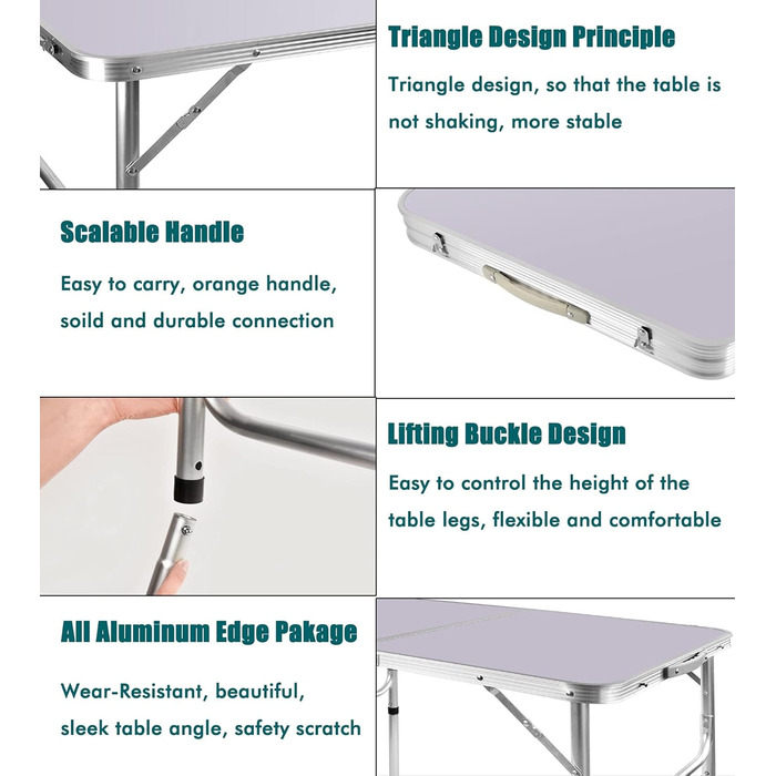 Складний столик для пікніка, 90 см, алюміній, регульована висота, легкий, для кемпінгу та саду (90 x 60 x 37/67 см)