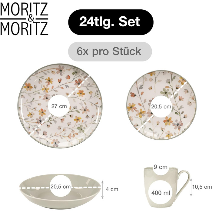 Набір посуду Moritz & Moritz PRIMAVERA з кераміки на 6 осіб (24 шт.) - сучасний сервіз з ігровим дизайном, легкий у догляді, з тарілками, мисками та чашками