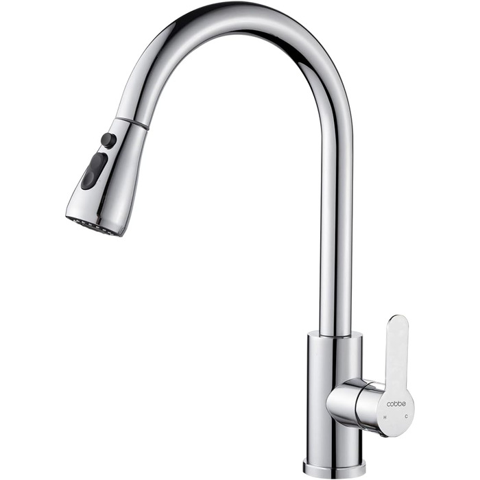 Змішувач для кухні Cobbe з висувною лійкою, 2 режими, високий поворотний вилив, однорідний важіль (хром)