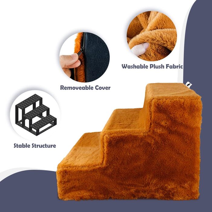 NAMSAN Dog Stairs 3-Step Pet Ladder, Easy Assembly, Cat Stairs with Washable Cover for Sofa, 42 x 40 x 31cm (Brown)
