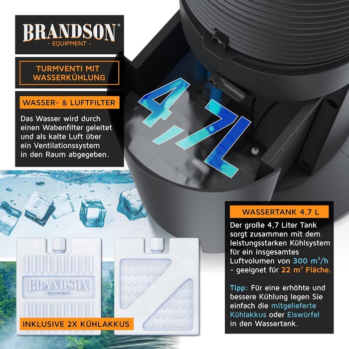 Мобільний вентилятор з водяним охолодженням Brandson - 5 в 1, тихий, 4.7л, чорний