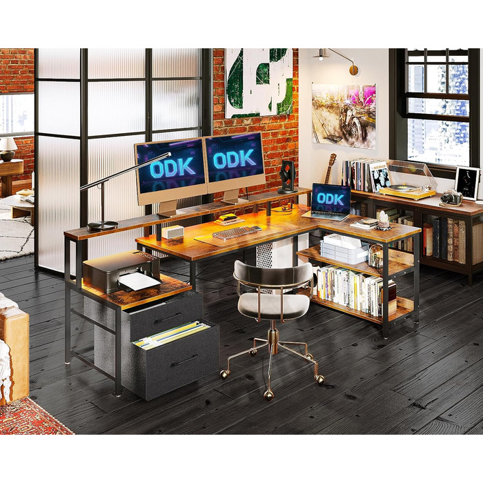 ODK L-Shaped Desk with Drawers, Reversible Corner Desk with LED & Power Strip, Large 189.3x100cm (Vintage Brown)