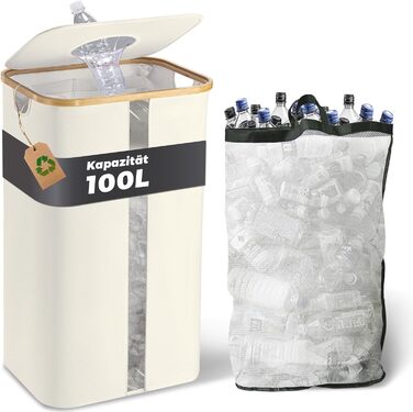 Laundry basket with 2 compartments, deposit bottle collection container with lid, container for deposit bottles & glass recycling & paper waste, deposit bottle container bamboo with bag, must-have (Beige, 100L)