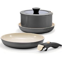 Набір посуду з кераміки 9 шт: каструлі та сковороди з антипригарним покриттям, Induktion, для духовки, без PTFE та PFOA, кремовий (5 шт. чорний)