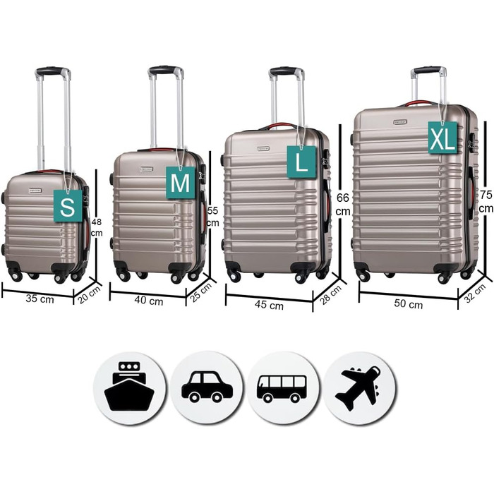 Набір валіз з ABS пластику S-M-L-XL з кодовим замком та телескопічною ручкою, ролер для подорожей, ручна поклажа (шампань)
