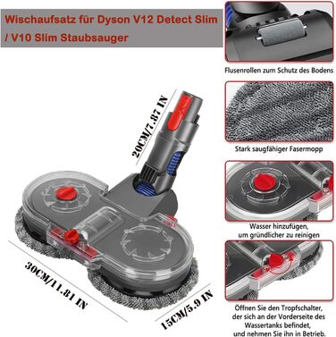 Електрична насадка для миття підлоги Dyson V12 Detect Slim / V10 Slim, знімний бак для води та 6 змінних мопів, 1 бак для води