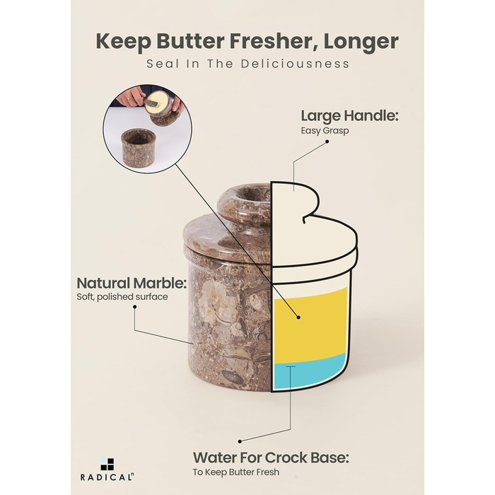 Butterhalter handcrafted marble butter crock for the kitchen - as a utensil holder and for cold cheese, Grey Oceanic