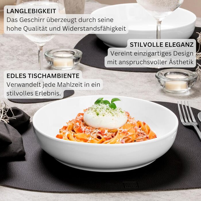 Набір посуду SÄNGER Marlo: 24 елементи, білий, для 6 осіб. Тарілки для десерту, обідні тарілки, миски, тарілки для мюслі з порцеляни. Сучасний дизайн, PREMIUM COLLECTION