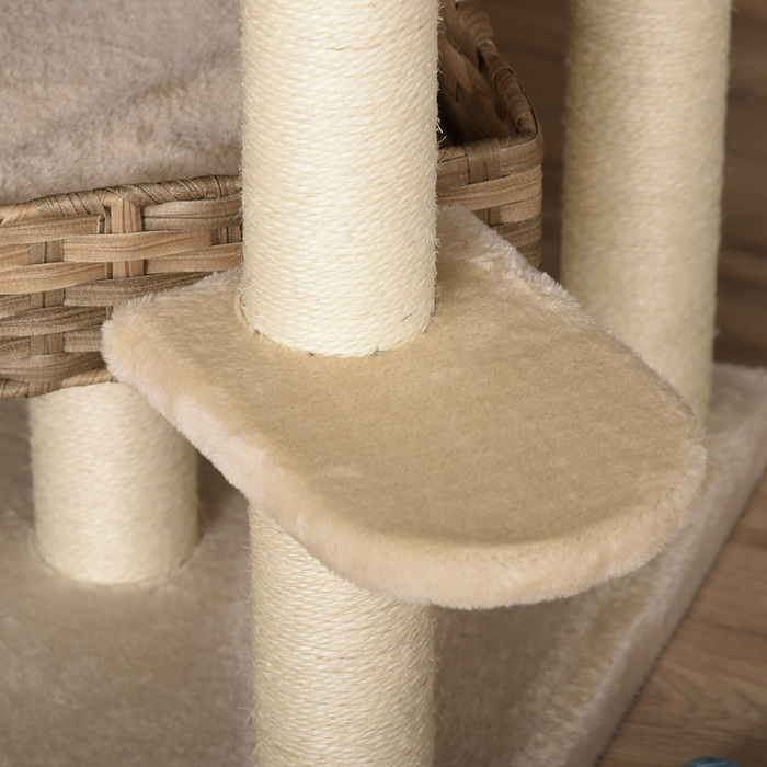 PawHut Дряпка для котів з ротангу, H174 см, XXL котячий комплекс з котячим будиночком, платформами для сидіння, котячою печерею, сизаль, Бежевий+Коричневий | Aosom
