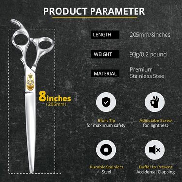 Професійна ножиця для грумінгу собак та котів Dream Reach 8 дюймів, 440C нержавіюча сталь, ергономічна ручка, регульований гвинт